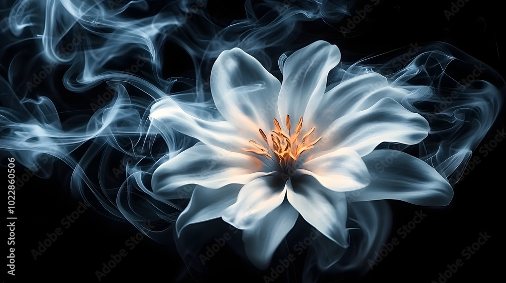 Sticker A white flower on a black background with smoke rising from its center, surrounded by petal smoke