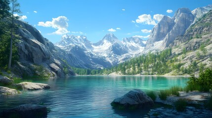 Tranquil Mountain Lake with a View of Snow-Capped Peaks