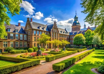 Fototapeta premium Vibrant Campus Landscape with Historic Architecture and Lush Greenery Under a Clear Blue Sky