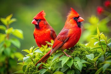 Fototapeta premium Vibrant Cardinal Birds Perched Amidst Greenery in Natural Habitat Captured in Stunning Detail