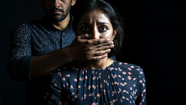 Terrified woman silenced by man's hand in dark setting, powerful depiction of domestic violence and fear. Emotional portrait conveying abuse, control, and human rights issues for awareness campaigns