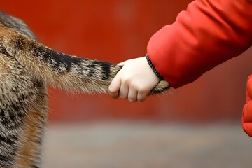 The touching moment is captured as the child holds the cat by the tail, highlighting their special bond and mutual trust.
