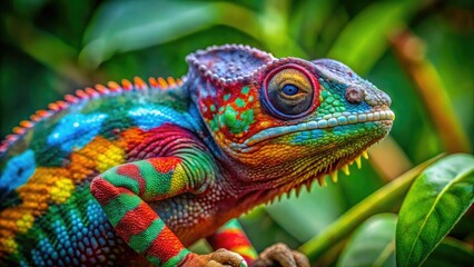 Obraz premium Vibrant Chameleon Displaying Colorful Skin Patterns in Natural Habitat Against Lush Green Background