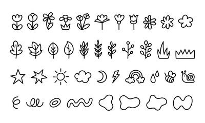 Nature Doodle Set with Flowers, Leave, Sky Elements in Hand Drawn Style Editable Stroke Vector Illustration