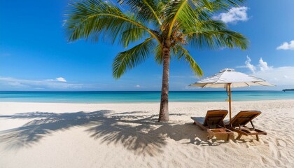 Serene Beach Scene With Palm Tree and Sun Loungers on a Sunny Day