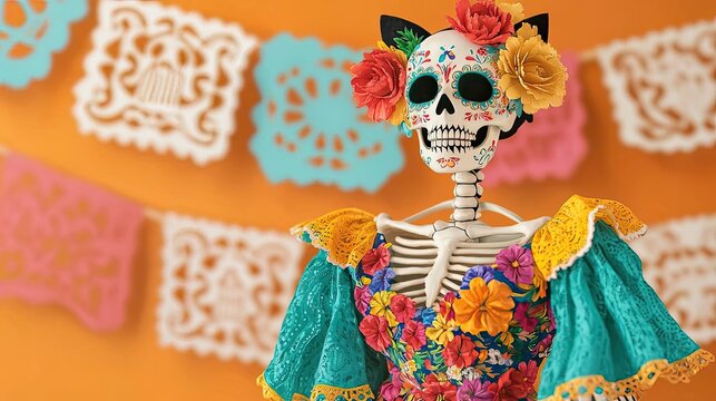 Colorful skeleton figure adorned with flowers, celebrating the Day of the Dead with vibrant decorations and a festive atmosphere.
