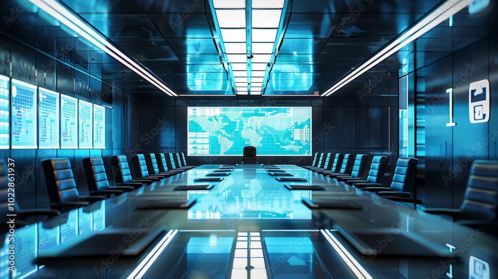 Poster a large conference room with a large screen on the wall and a number of chairs