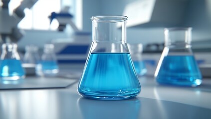 A Close-Up of Blue Liquid in Beakers and Flasks on the Table, with Laboratory Equipment Blurred in the Background