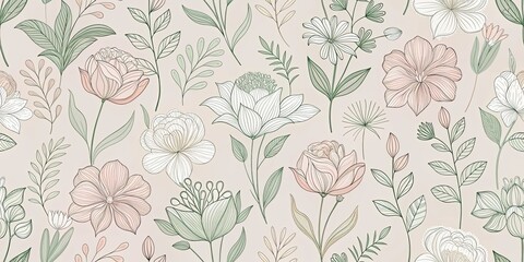Delicate Floral Pattern with White and Pink Blooms and Green Foliage on a Light Beige Background