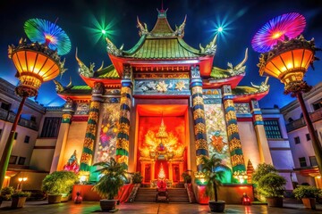 Obraz premium Vibrant Chinese Theatre Facade with Ornate Architecture and Colorful Decorations at Nighttime