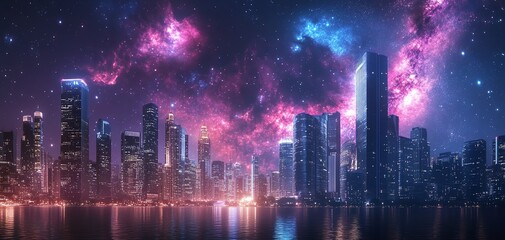 Fototapeta premium Futuristic city skyline with neon lights
