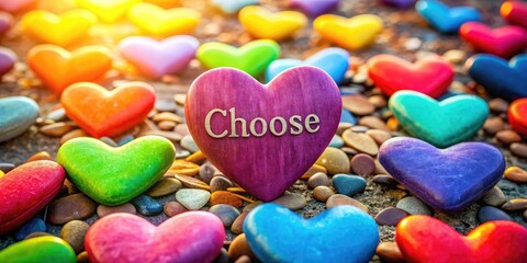 Fototapeta premium Vibrant Choose Love Concept with Colorful Hearts and Inspirational Message on a Bright Background