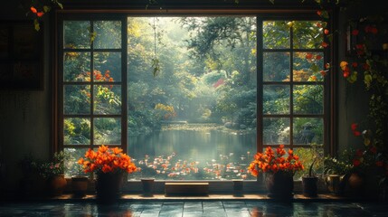Serene view of a garden through a window with vibrant flowers.