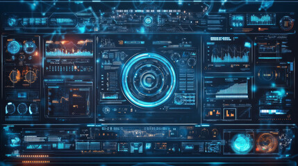 Obraz premium A sleek dashboard display showcasing a virtual reality technology screen with a futuristic heads-up display (HUD). 