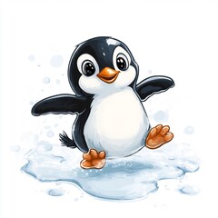 Fototapeta premium A playful cartoon penguin sliding on ice, on a white background