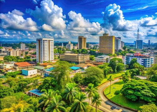 Vibrant Cityscape of Douala, Cameroon with Lush Greenery and Modern Architecture Under a Blue Sky