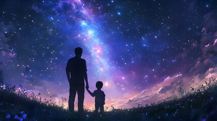 Fototapeta premium A father and son stand under the starry sky, gazing at their distant future together, symbolizing love, connection, and a tight-knit family bond