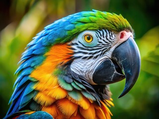 Fototapeta premium Vibrant Close-Up of a Macaw's Colorful Face Showcasing Bright Feathers and Intricate Details
