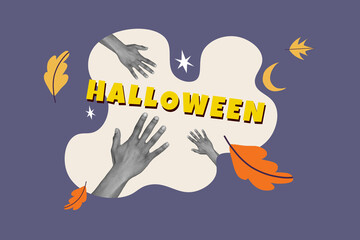 Composite photo collage of spooky human hands sabbath witch halloween gathering dry autumn foliage isolated on painted background