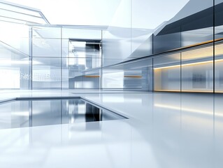 Fototapeta premium Tilted angle view of a futuristic lab, minimalist architecture showcasing scientific discoveries reflected in glass walls