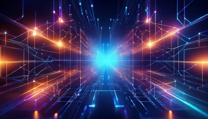 Fototapeta premium A vibrant, futuristic digital landscape with beams of colorful light and intricate patterns, creating a sense of depth and motion.