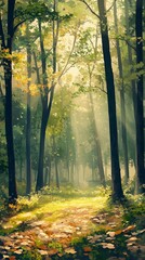 Fototapeta premium Tranquil Forest Scene with Sunlight Filtering Through Trees