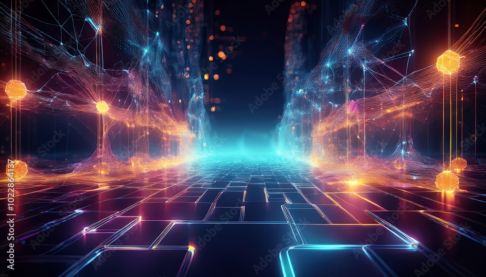 Poster a vibrant digital landscape with glowing lines and particles, creating a futuristic, tech-inspired s