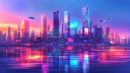 A vibrant futuristic cityscape at dusk, reflecting colorful lights on water.