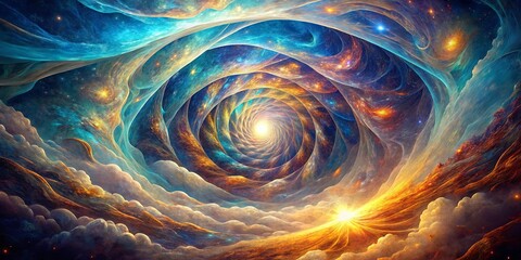 Celestial Tapestry of Swirling Clouds and Cosmic Dust, Illuminating the Path to a Radiant Center