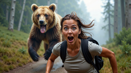 Terrified Hiker Fleeing from a Charging Bear on a Forest Trail.