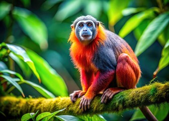Obraz premium Vibrant Colobinae Monkey Sitting on a Branch in Lush Green Rainforest Habitat