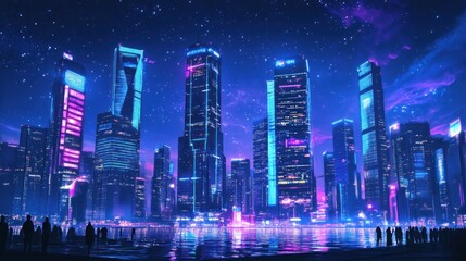 Obraz premium A vibrant futuristic cityscape illuminated by neon lights under a starry sky.