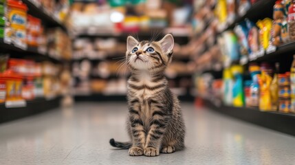 Kitten in pet store aisle, looking up, surrounded by products
