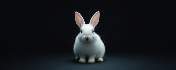 Obraz premium White rabbit on dark background. Studio pet portrait. Wildlife and domestic animals theme.