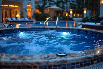 Luxurious Spa Jacuzzi at Night with Glowing Lights in a Tropical Resort