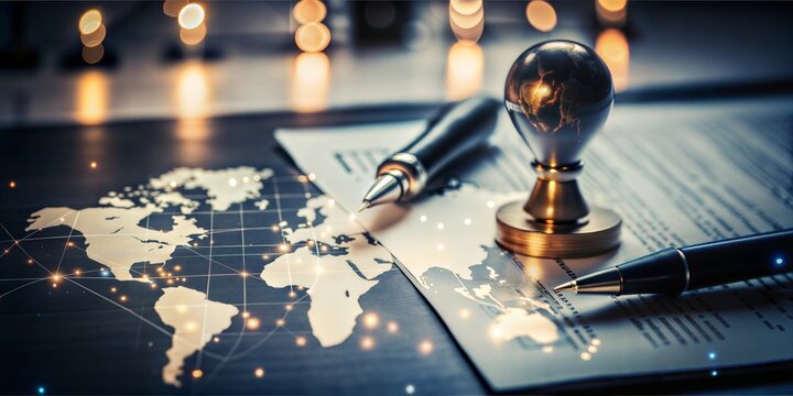 Close-up of an international business contract with signatures, stamps, and global market analysis




