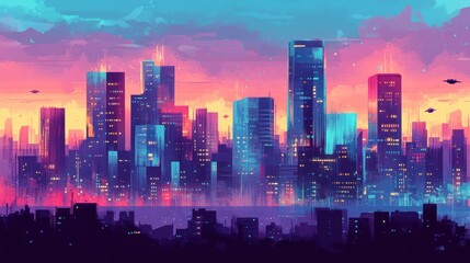Fototapeta premium A vibrant, futuristic cityscape at sunset with colorful lights and a dreamy atmosphere.