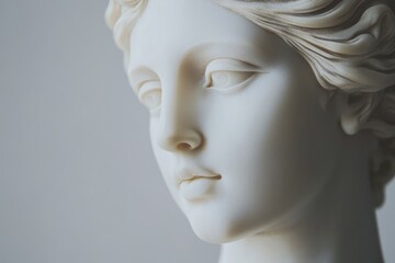 Close-up of a classical marble sculpture depicting an elegantly styled female figure