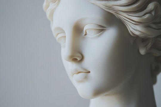 Close-up of a classical marble sculpture depicting an elegantly styled female figure