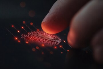 Close-up of a finger pressing on a glowing fingerprint sensor in a dimly lit environment