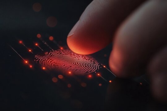 Close-up of a finger pressing on a glowing fingerprint sensor in a dimly lit environment