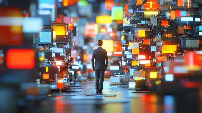 A dynamic 3D illustration representing the Internet of Things (IoT) concept, showcasing a businessman standing confidently with various IoT products and solutions displayed around him.