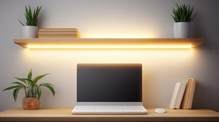 This office corner features a small desk paired with floating shelves and LED lights, enhancing the modern decor with wood tones and white walls, creating a cozy workspace