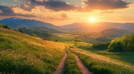 Obraz premium Golden Sunset Over Rolling Hills