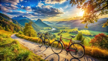 Fototapeta premium Vibrant Cycling Art Featuring Colorful Bicycles and Scenic Landscapes in a Creative Composition