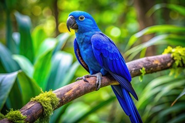 Naklejka premium Vibrant Dark Blue Parakeet Perched Gracefully on a Branch in Natural Habitat of Tropical Forest