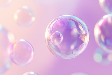 A delicate collection of iridescent soap bubbles against a soft pastel background