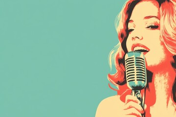 A girl singing joyfully into a vintage microphone against a vibrant, colorful backdrop