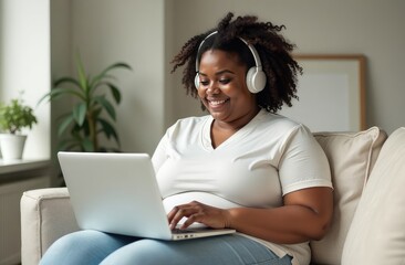 A large African American woman is sitting on the couch and working online on a laptop