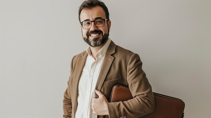 Fototapeta premium Happy and confident Turkey man with a dark brown document case in his hand against White wall waiting in formal dress in office environment, Best Job Candidate 